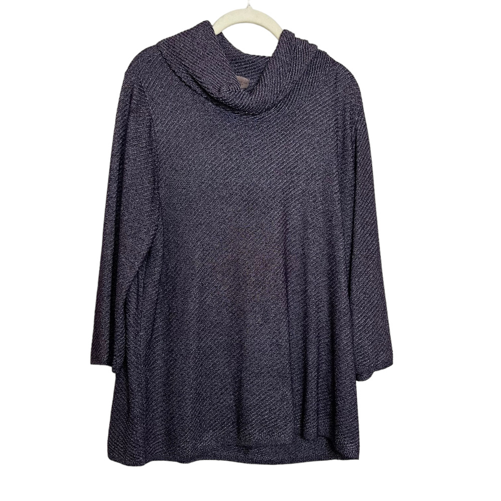 EasyWear by Chicos Womens Knit Top XL Purple Silver Cowl Neck 3/4 Sleeve